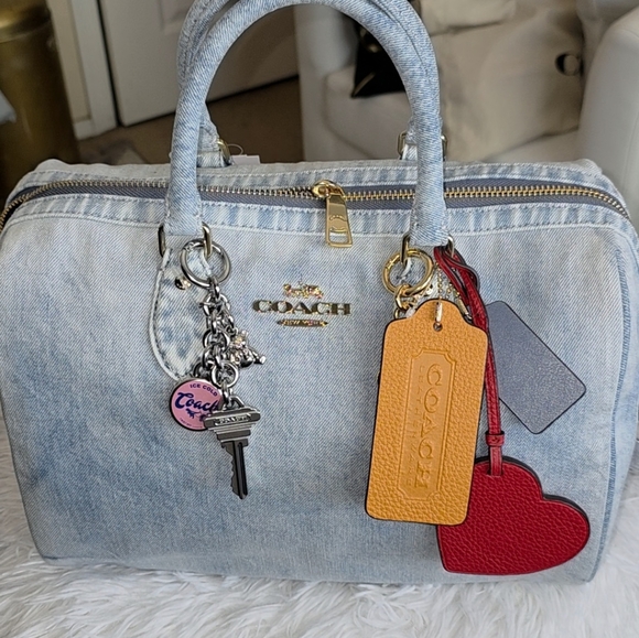 COACH Rowan Large Satchel Bag In Loved Denim With Charms - Picture 5 of 12